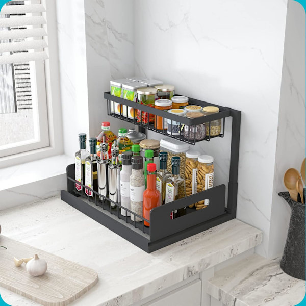Under Sink Organizer, Ut dragbar skåpsorganisatör 2-vånings utdragbar diskbänkshylla Skåpsförvaringshyllor, Förvaring under diskbänken för kök Badrumsskåp