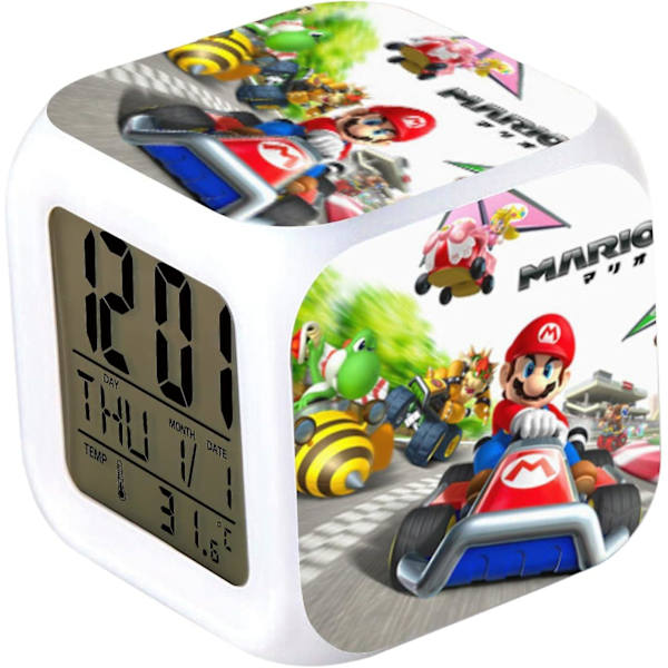 Mario 7 färger förändring digital väckarklocka med tid, temperatur, larm, datum (Map Race) Kart Race