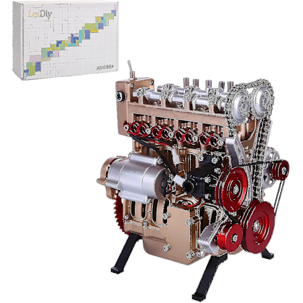 Sylinderbilmotorsett, Mini motormodell Mekanisk montering Undervisningsmotorleketøy for barn og voksne, Luksuriøs gull + rød, (g02308llc17en)