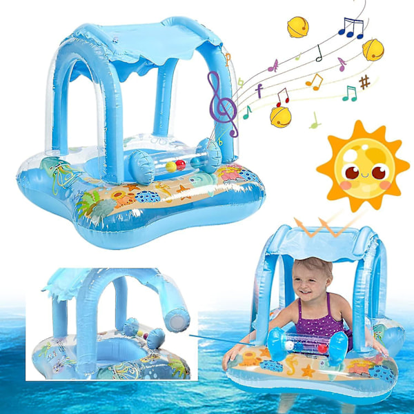 Baby Badring Uppblåsbar Pool Badring Med UPF 50+ Solskydd För Barn I Åldern 3-36 Månader Kul I Vattnet blu[qb] blue With 3 bells