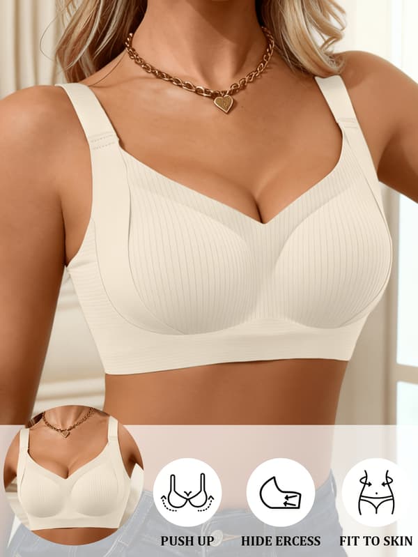 Dame BH med brede stropper, push-up, komfortabel, ensfarget, uten bøyle, uformell White M