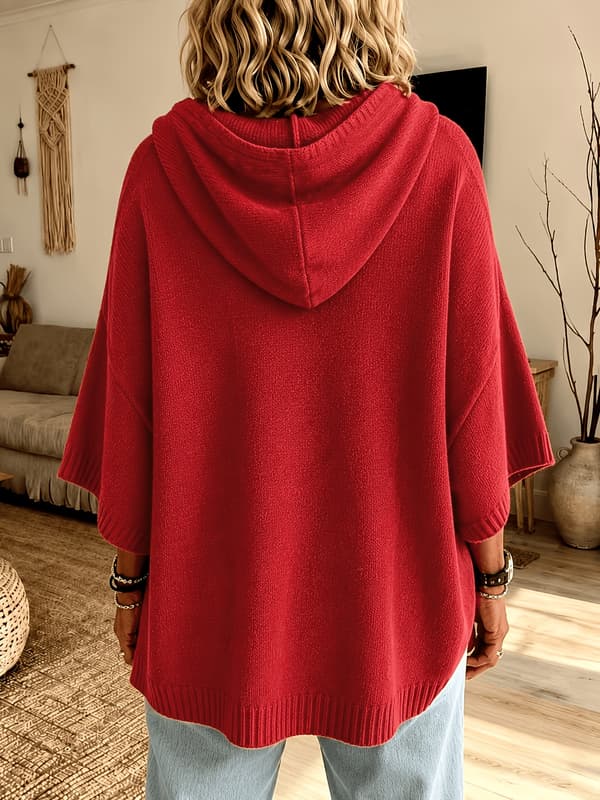 Hettegenser Cardigan for Kvinner, Kort Strikkegenser med Flaggermusermer Red M