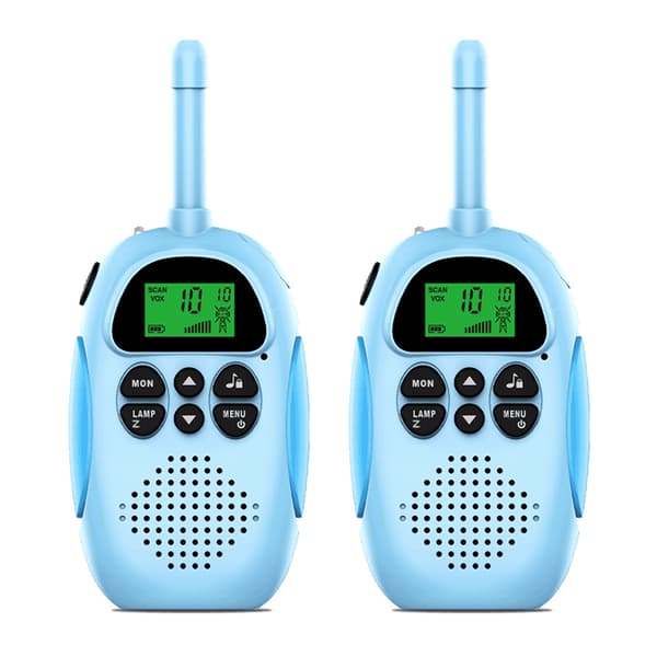 2 blå oppladbare walkietalkies til barn med FM-radio
