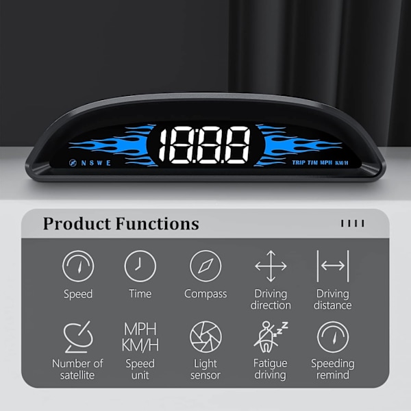 Auton GPS-nopeusmittari, näyttää nopeuden, HUD-näyttö, nopeusmittari, nopeusvaroitus ja väsymysvaroitus, yhteensopiva kaikkien autojen kanssa
