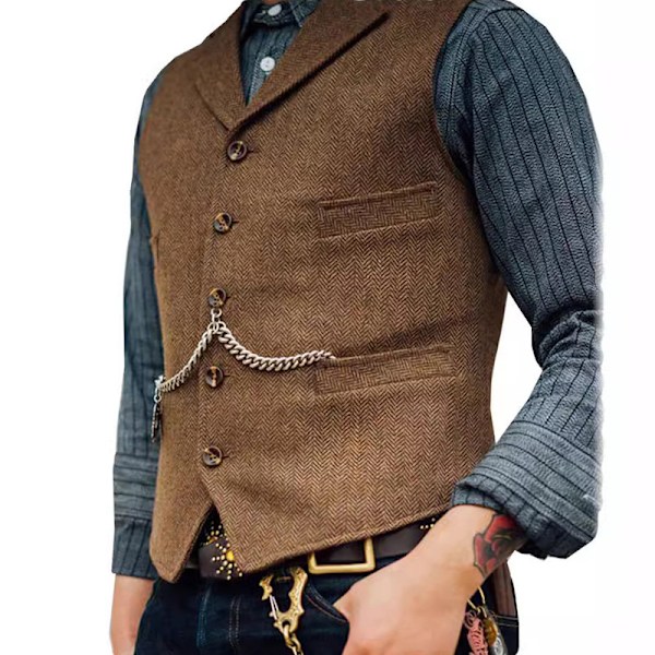 Heringbensk tweed vest for menn, retro V-hals, ull, til prom Brun Brown 2XL