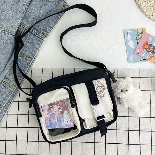 Skuldertaske til piger Oxford firkantet taske med sød bjørnevedhæng Sort Black Add shy bear pendant