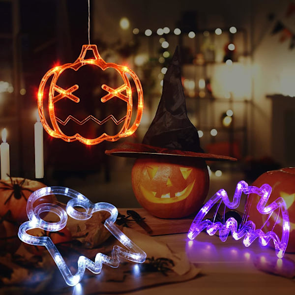 Halloween 3-pak Orange Græskar, Hvid Spøgelse, Lilla Flagermus Halloween Vindue Lys med Sugeskål, Batteridrevet Halloween Lys, Timerfunktion