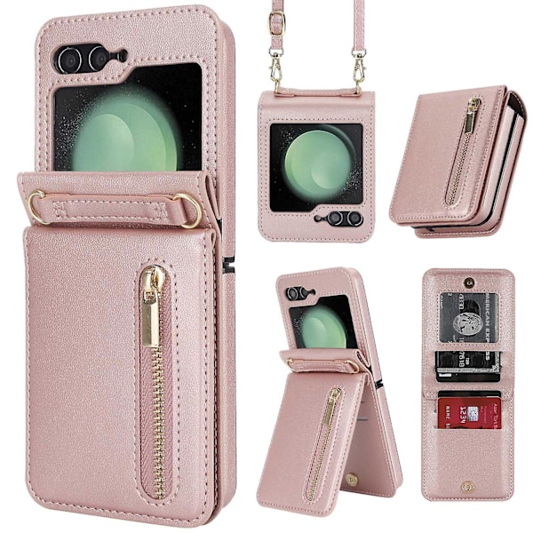 Flip 5 Fodral, Crossbody Dragkedja Fodral För Samsung Galaxy Z Flip 5 Med Kortfack Rose Gold