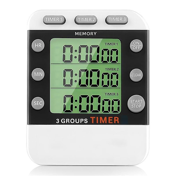 Digital double kitchen timer, 3-channel Count Up/down Timer, Triple Cooking Timer, Display, High volume alarm