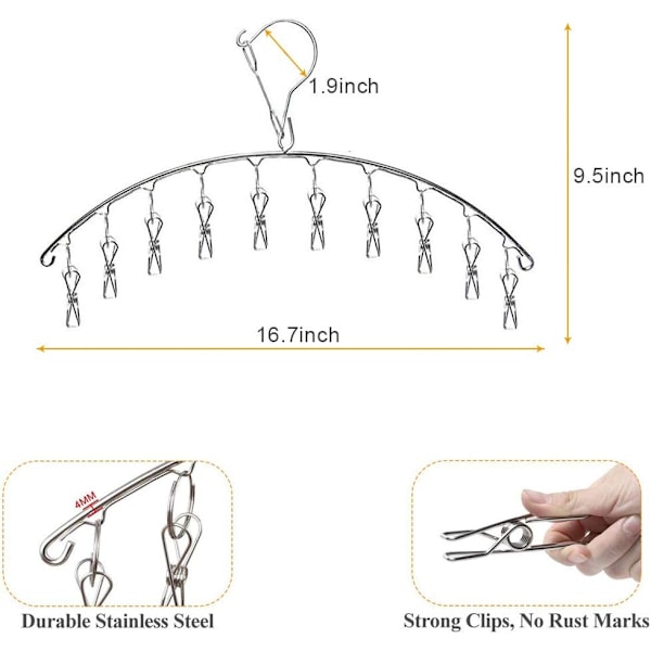 2-pak rustfrit stål bøjler med 10 vindsikre afløbsklemmer til tørring af sokker, babytøj, stofbleer, bh'er, håndklæder, undertøj, tørklæder,
