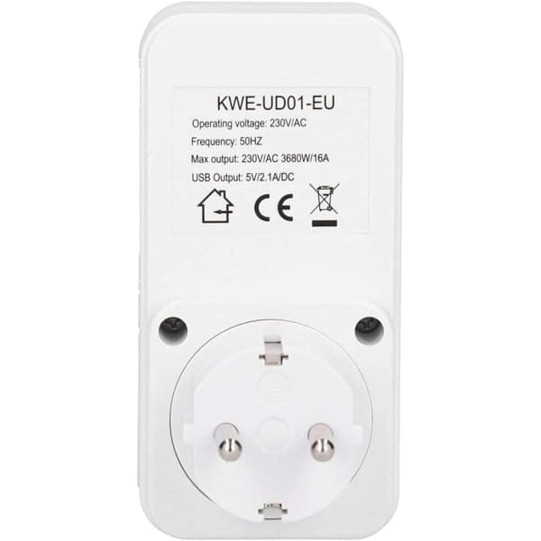 Stikkontakt med timer og USB, 16A, 230V, Hvid