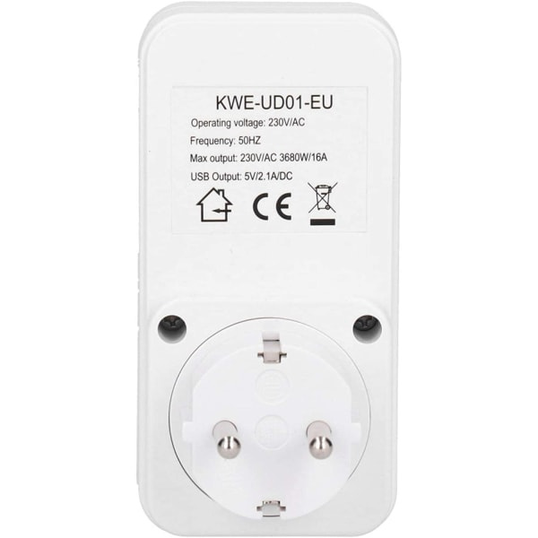 Stikkontakt med timer og USB, 16A, 230V, Hvit