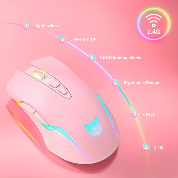 Trådløs RGB Gaming Mus, Ergonomisk Genopladelig Computermus