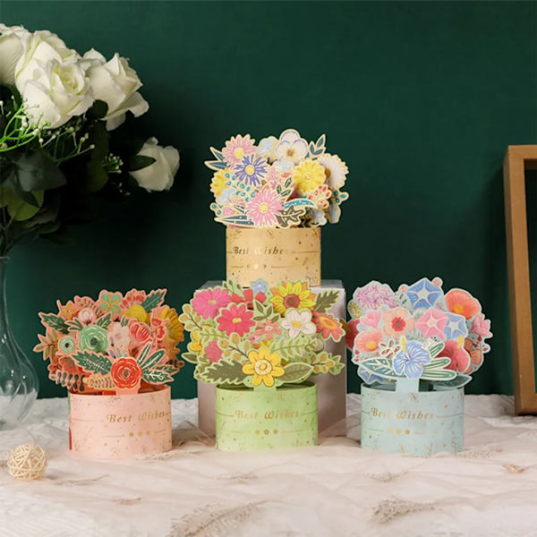 3D-kort Blomsterkurv med Blomster til Kvinder, Kone, Kæreste og Mor - Håndlavede Mors Dags Hilsner Gule