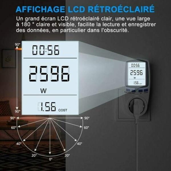 Wattmeter-kontakt, AC 185V~264V Energimåler Effekt, strømuttak Monitor-kontakt med LCD-skjerm