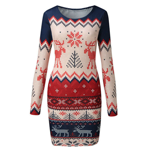 Kvinnor Långärmad Mode Casual Jul Print Bodycons Klänning Rund Hals Round neck XL