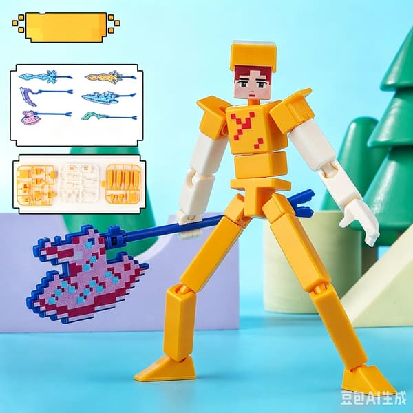 Leddelt byggeklodsfigur, bevægelig mini-actionfigurmodel, samlerlegetøj med tilfældigt våben Yellow