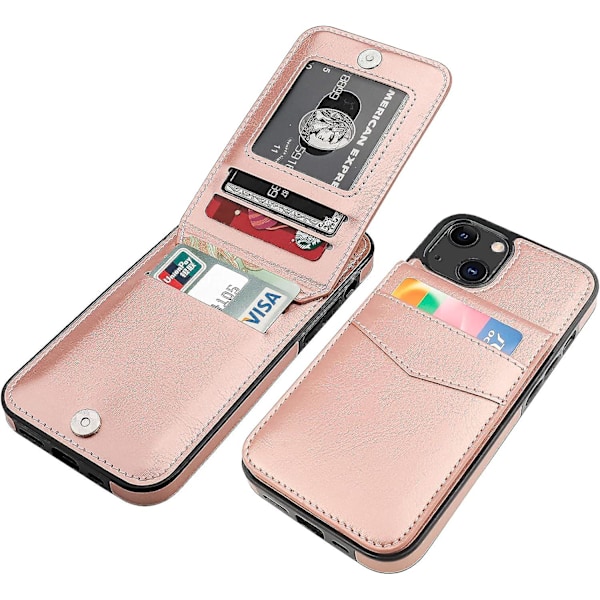 Iphone 13 Case Wallet with Credit Card Holder, Premium Leather Magnetic Lock Kickstand Heavy Duty Cover for Iphone 13 (Rose Gold)