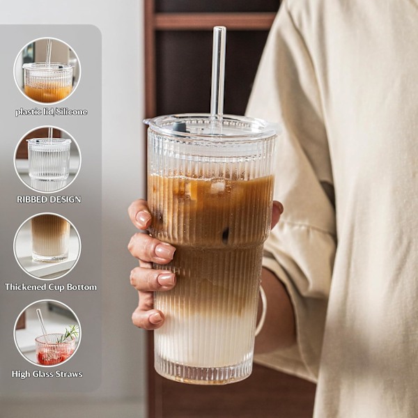 2 STK 600ML Ribbede Glas Tumblere med Låg og Glas Sugerør Kaffekop
