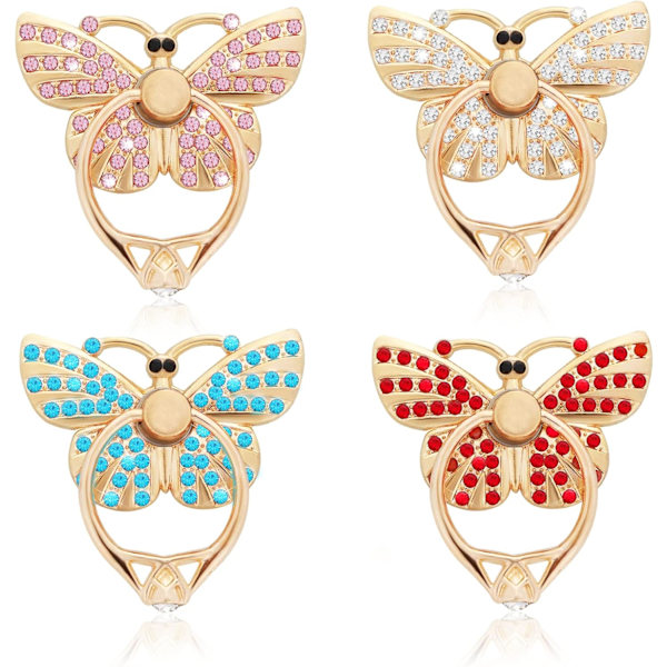 4 stk. Telefonringholdere med Rhinestones Glitter Sommerfugl Fingerstøtte 180°/360° Rotation Støtteben