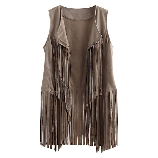 1970'ernes Kvinde Tassel Ærmeløs Vest 70'er Retro Hippie Kunstlæder Frynser Jakke Cardigan Beige Beige 3XL