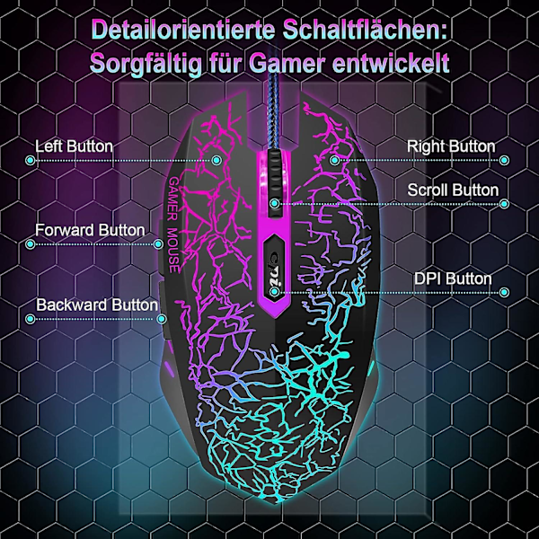 PC-mus med kabel, optisk USB-spelmus för stationär/bärbar dator, 1200 till 3600 4 justerbara DPI, RGB-ljus, ergonomisk med 6 programmerbara knappar