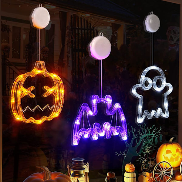Halloween 3-pak Orange Græskar, Hvid Spøgelse, Lilla Flagermus Halloween Vindue Lys med Sugeskål, Batteridrevet Halloween Lys, Timerfunktion