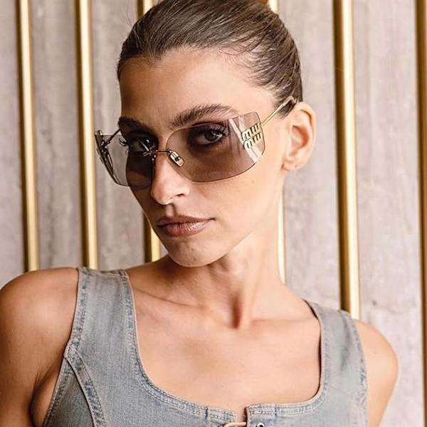 Futuriset Rimless Y2K Aurinkolasit Naisille Miehille Trendikäs Käärivä Kehys