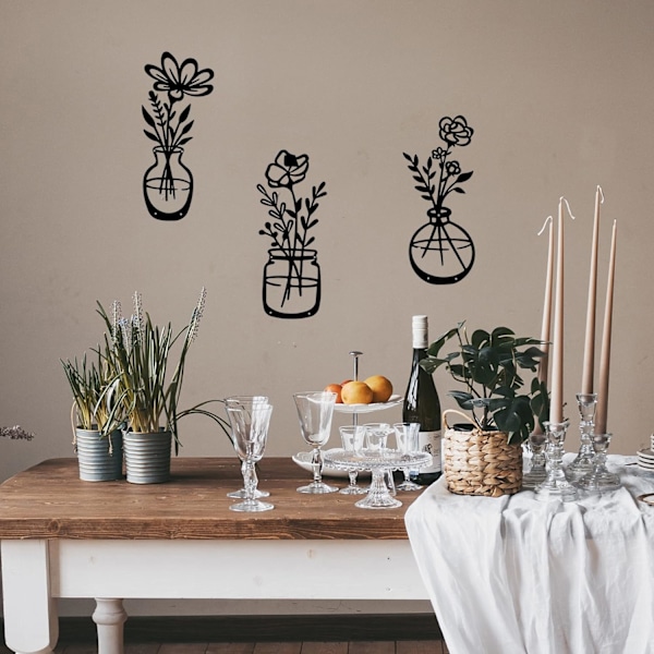 3 stk. Sort Metal Blomster Vægdekoration Metal Vase Vægkunst Metal Væg Skulptur Hængende Indendørs Køkken Badeværelse Soveværelse Stue, 8,2*20cm