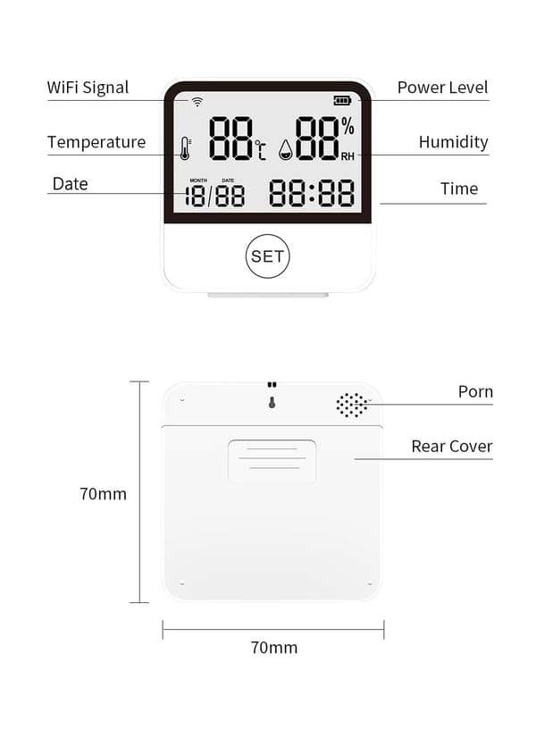 Tuya Smart Wifi Trådløs Kobling Temperatur- og Luftfugtighedssensor Smart Hjem med Tid og Datovisning White
