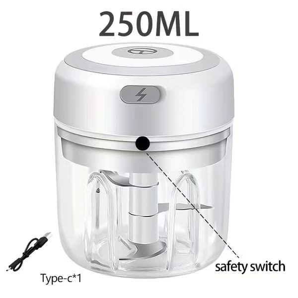 Elektrisk matberedare (250 ml), 3 blad för hackning, malning, finhackning, vispning, finhackningsapparat, malningsapparat, kompakt design White