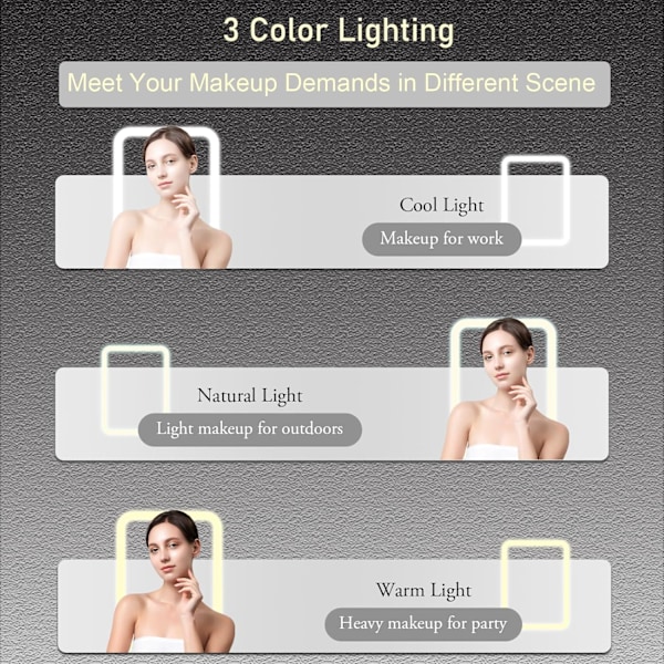 Lader Makeup-Speil med LED-lys, Bærbar Opplyst Makeup-Speil, 3 Fargebelysning, Dimbar Berøringsskjerm