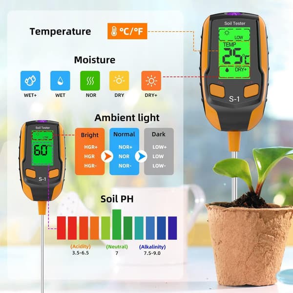4-i-1 Jordfugtighedsmåler til Planter Tester til pH Fugtighed Lys og Temperatur