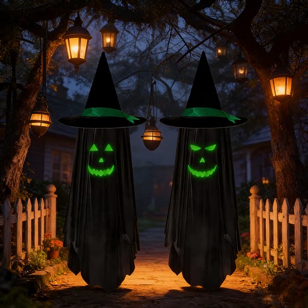 Lysende Halloween-spøgelse til ophæng med troldmandshat, 100 cm udendørs dekoration til veranda og have, 2 øjenmuligheder 2pcs
