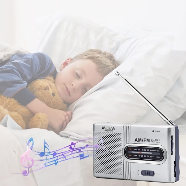 Bärbar radio liten radio silver FM/AM (MW), extra stort ratt, miniradio med inbyggd högtalare, batteridriven