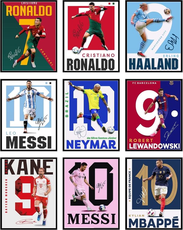 Fotballplakater til gutterom, Messi-plakater til gutterom, fotballveggkunst, Ronaldo-plakater - Uinnrammet sett med 9