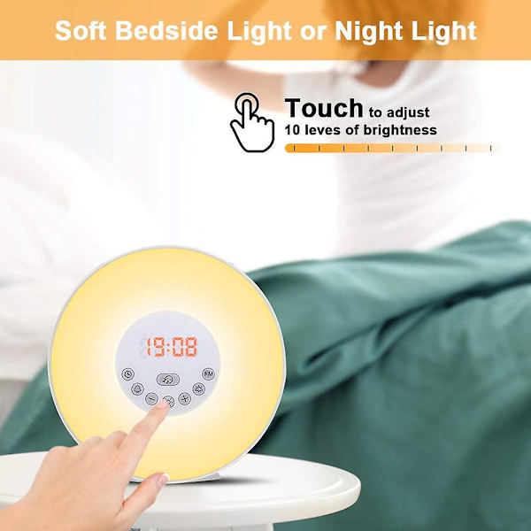 Radiovækkeur Lys Led Sengelampe Touch Control Solopgang og Solnedgang Simulation 10 Lysniveauer Snooze 6 Naturlige Lyde, 7 Farver Nattelys til