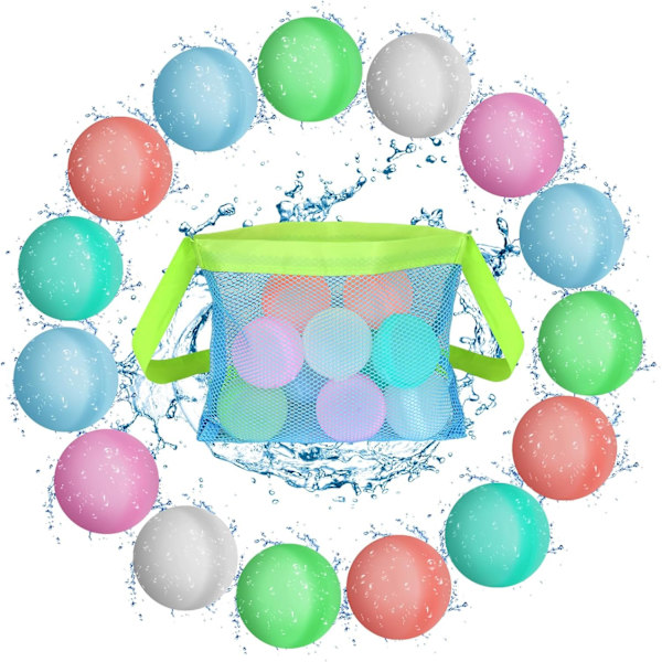 Reusable Water Balloons, 15 Pcs Refillable Water Bomb Balloons with Mesh Bag, Silicone Water Balls for Kids and Adults Summer