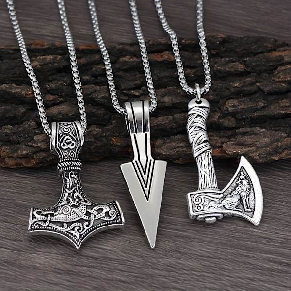 3 stk. Vikingehalskæder til mænd - Vikingehammer, nordisk kompas, keltisk knude, ulveøkse vedhæng, nordisk Antique Silvery