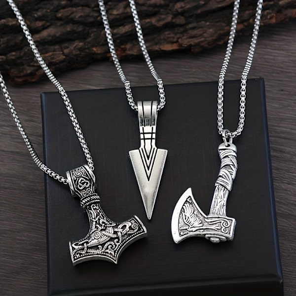 3 stk. Vikingehalskæder til mænd - Vikingehammer, nordisk kompas, keltisk knude, ulveøkse vedhæng, nordisk Antique Silvery