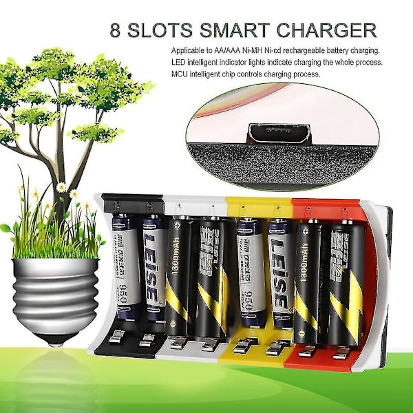 Yyh Leise 8 Smart Slots Usb Aa&aaa Ni Mh Batterilader Med LED-indikator