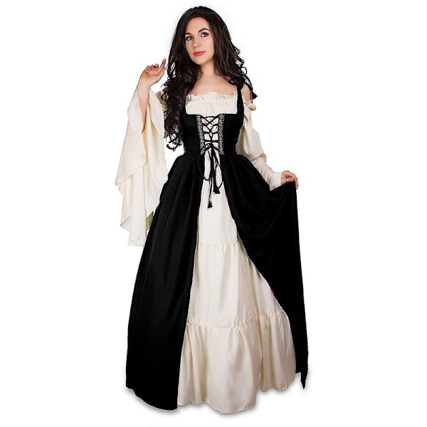 Medeltida Punk Klänning Cosplay Halloween Kostymer Kvinnor Palace Karneval Fest Förklädnad Prinsessa Kvinna Viktoriansk Vestido Robe Svart Black XL