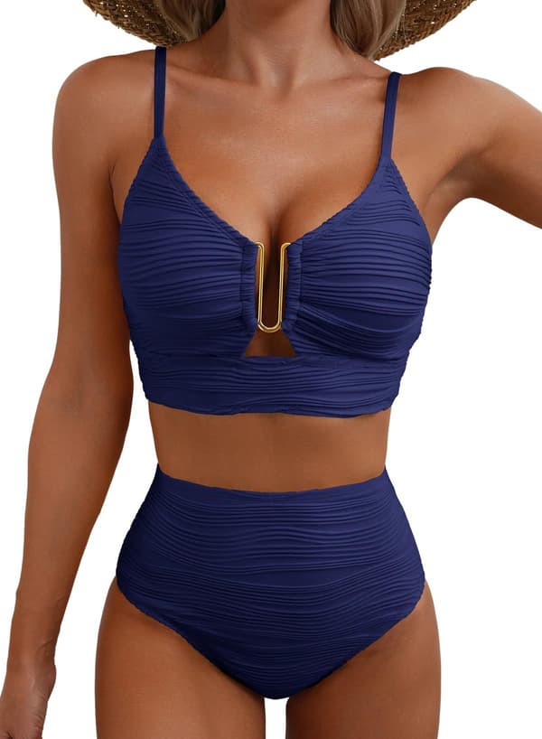 Bikini för kvinnor med V-ringning och utskärningar, högmidjad texturerad plisserad baddräkt M Dark blue