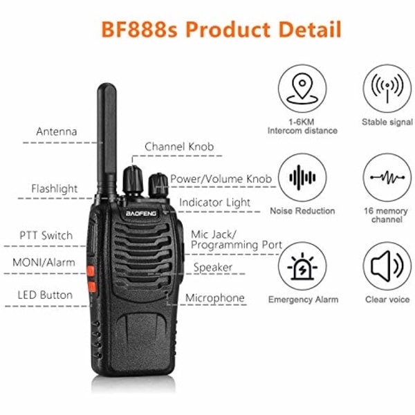 2X Walkie Talkies, Sayapeiy BF-888S Sæt 1500mAh 16 Kanaler 1-3km Rækkevidde Genopladelig Radiomodtagelse, Med Bærbar Dobbelt Hovedtelefon