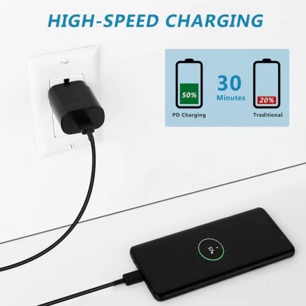 CQBB 25W USB-C Hurtigoplader + 1M USB-C til USB-C Kabel Sort til Samsung Galaxy S10 S10+ S10e S9 S9+