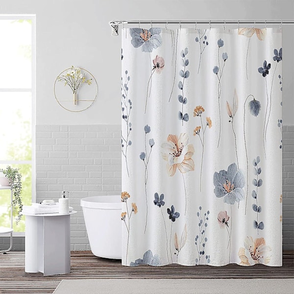 Akvarel planteblade med blomster badeforhæng Hvid White 90x180cm