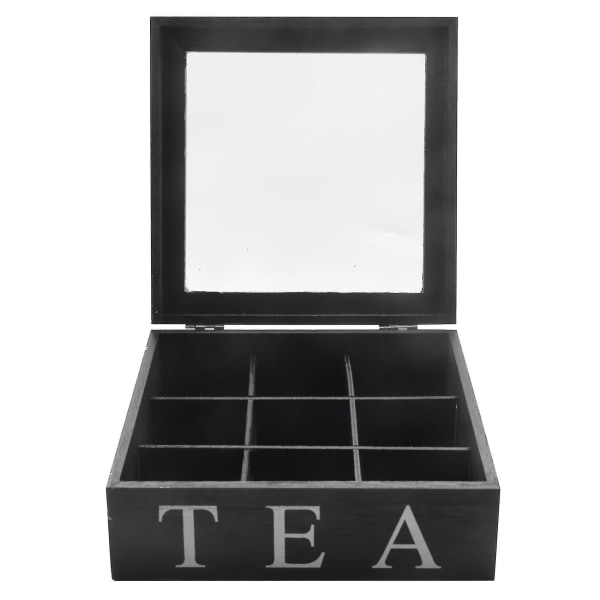 Wooden 9 Grids Tea Box Tea Bags Container Storage Box Square Case Transparent Top Lid Jewe（Black）