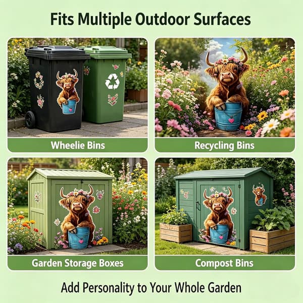 Høylandsfe Blomster Søppelkassesticker, Selvklebende Dekal for Søppeldunker og Resirkuleringsbeholdere 3pcs