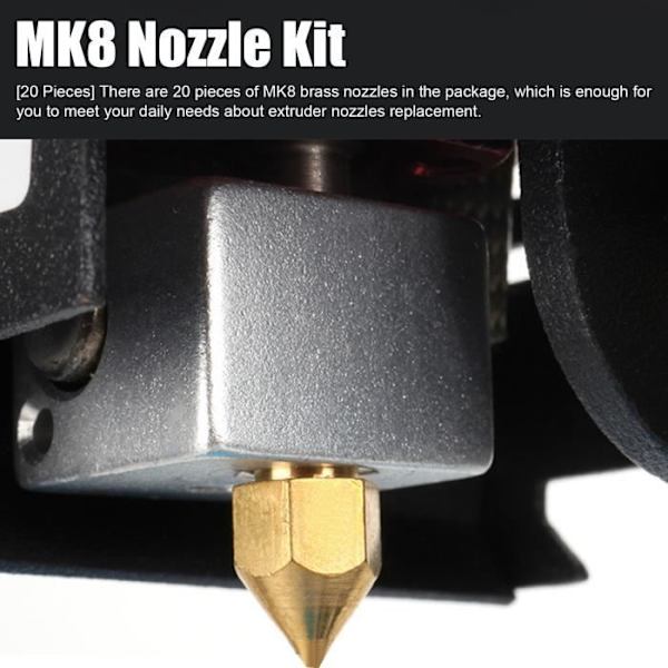 Tbest 3D-skrivartillbehör 20 st MK8-munstycken Kit 1,75 mm M6 Polerade extrudmunstycken med förvaringslåda för