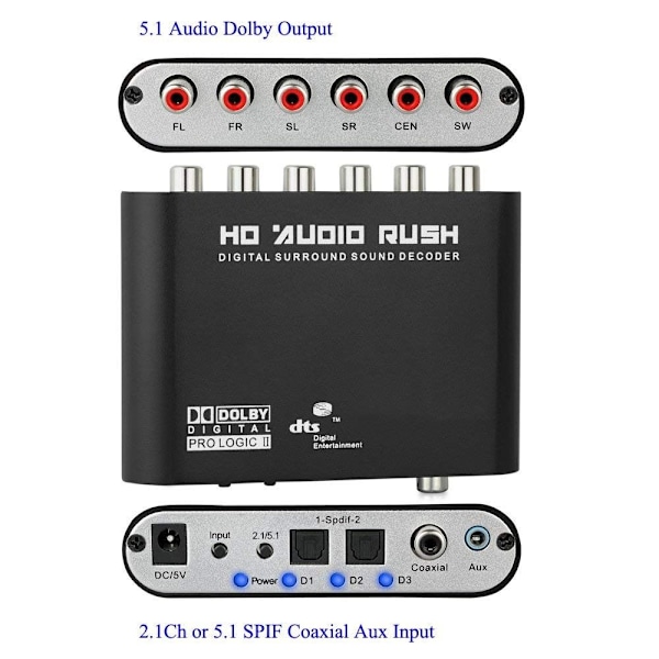 Digital Lyddekoder Konverter Digital 5.1 Audio Dekoder RCA